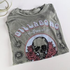 BILLABONG Oversized True Boy T Shirt Tee Skull Roses Under the Sun Tour Green XS